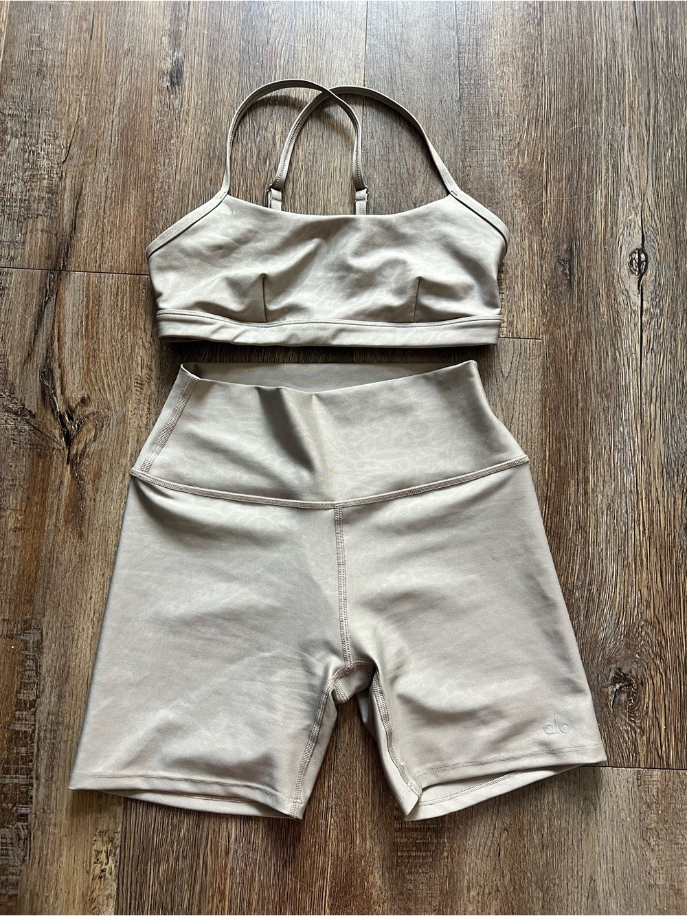 ALO Yoga Neutral Beige High-Rise Bike Shorts with Matching Strappy Crop